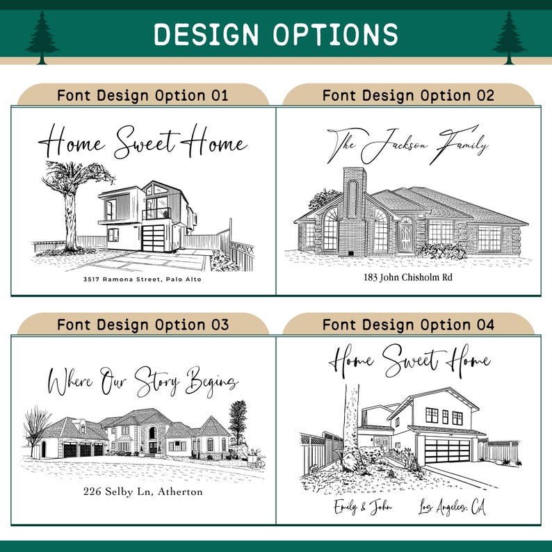 Puede incluir: Cuatro opciones de dise&ntilde;o de fuente diferentes para una ilustraci&oacute;n de casa con texto. Opci&oacute;n 1: Home Sweet Home. Opci&oacute;n 2: The Jackson Family. Opci&oacute;n 3: Where Our Story Begins. Opci&oacute;n 4: Home Sweet Home.