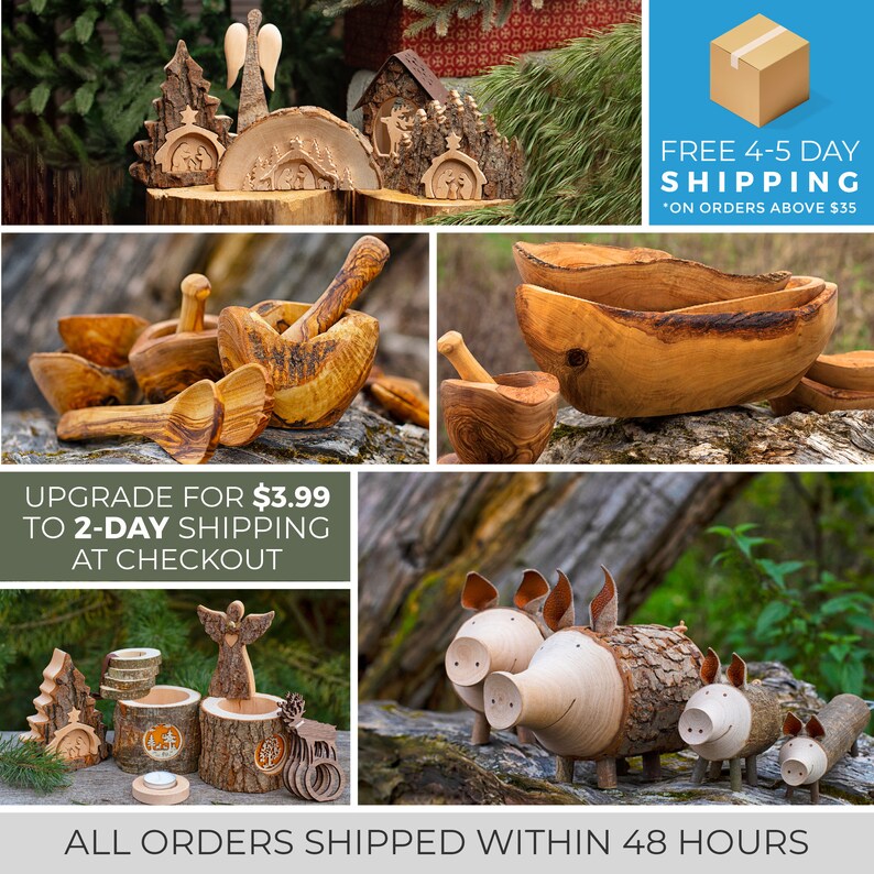 K&ouml;nnte beinhalten: Sortiment handgefertigter Holzwaren, darunter eine Weihnachtskrippe, ein M&ouml;rser und St&ouml;&szlig;el, eine Sch&uuml;sselgarnitur, ein Kerzenhalter und eine Reihe von Holzschweinen. Alle Bestellungen werden innerhalb von 48 Stunden versandt. Upgrade auf 2-Tage-Versand f&uuml;r 3,99 &euro; an der Kasse. Kostenloser 4-5 Tage Versand f&uuml;r Bestellungen &uuml;ber 35 &euro;.