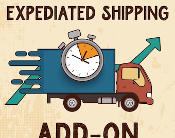 May include: A blue truck with a stopwatch on top, a green arrow pointing up, and the text "EXPEDITED SHIPPING ADD-ON" on a beige background.