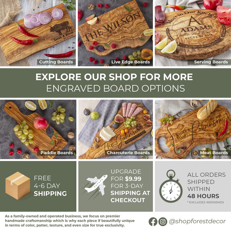 May include: Assortment of personalized wooden cutting boards with various designs and engravings. The boards are made of olive wood and feature different shapes and sizes. The boards are perfect for serving cheese, charcuterie, and other appetizers.