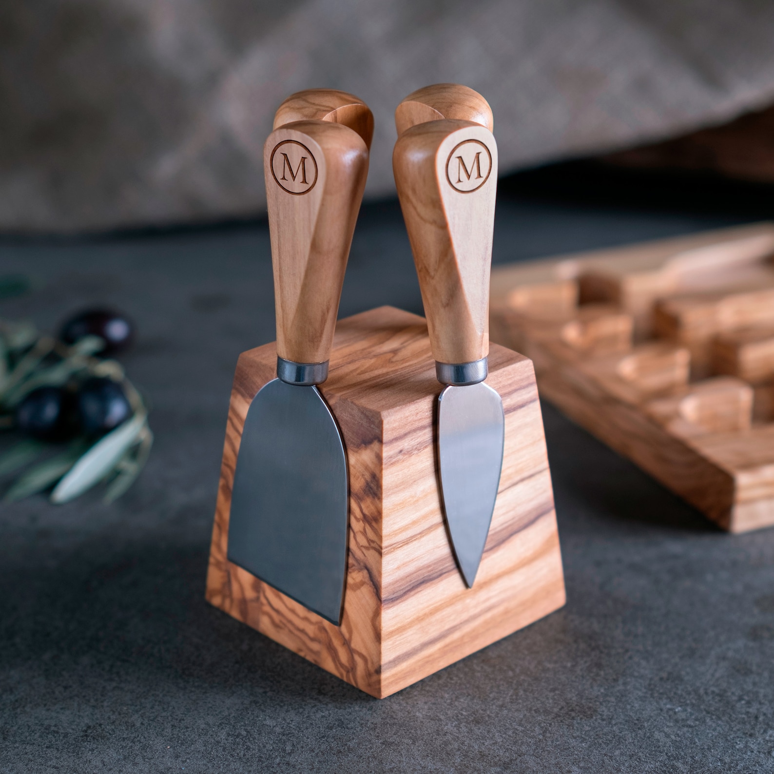 Personalized Cheese Knife Set for Charcuterie 4 Small Cheese Knives and Fork with Olive Wood Magnetic Stand Cheese Slicer Cheese Cutter - No Engraving