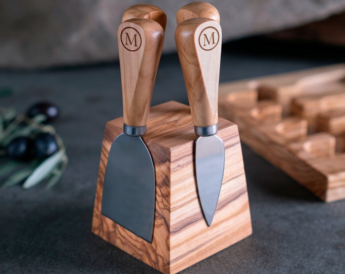 Personalized Cheese Knife Set for Charcuterie 4 Small Cheese Knives and Fork with Olive Wood Magnetic Stand Cheese Slicer Cheese Cutter