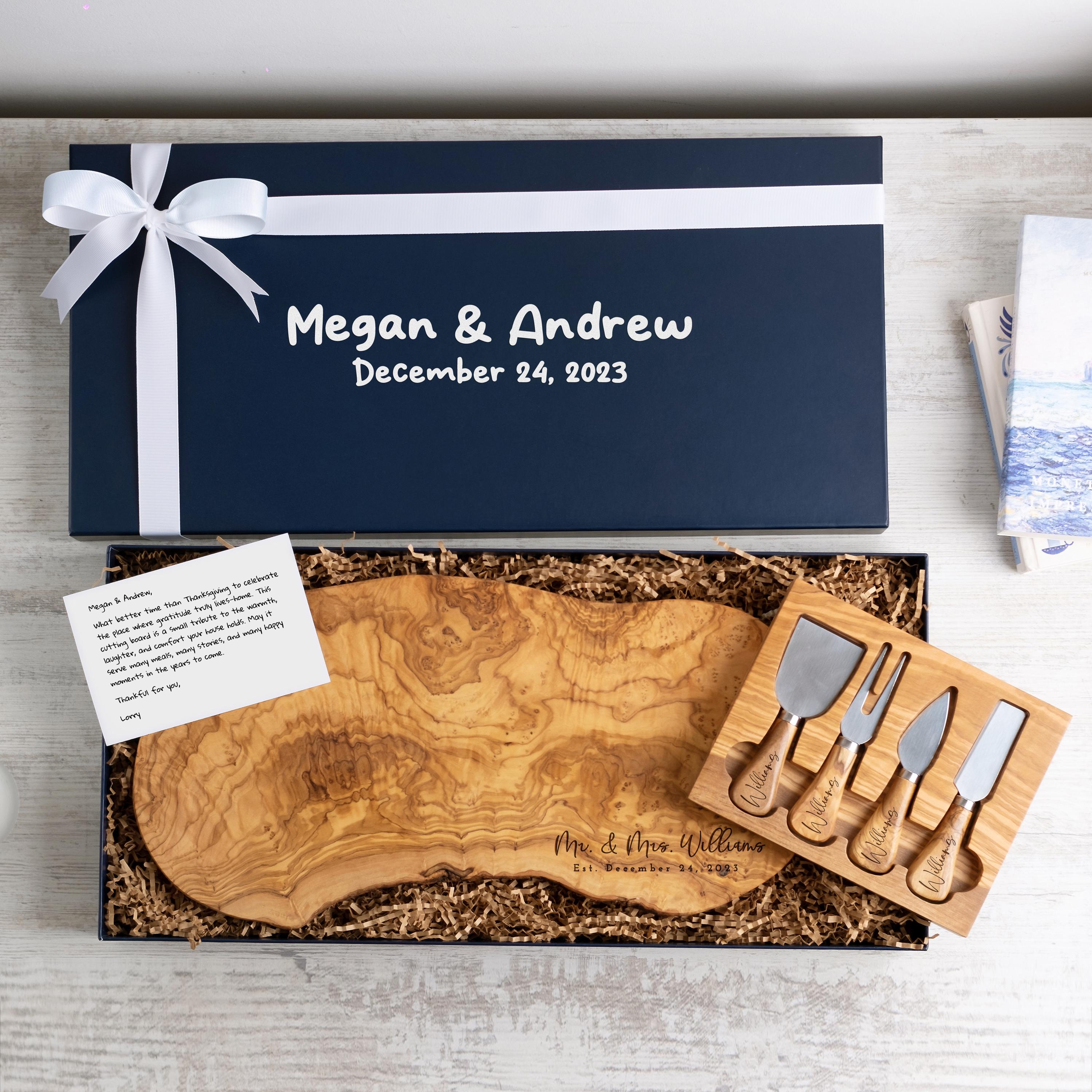 Personalized Olive Wood Charcuterie Board Gift Box – Custom Cutting ...