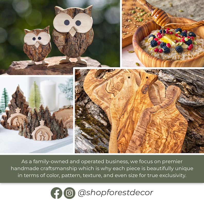 K&ouml;nnte beinhalten: Eine Sammlung handgefertigter Holzgegenst&auml;nde, darunter ein Set aus drei Olivenholz-Schneidebrettern, eine Weihnachtskrippe und zwei Eulenfiguren. Die Artikel sind aus Naturholz gefertigt und haben ein rustikales, handgemachtes Aussehen.