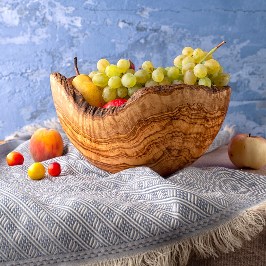 Large Rustic Olive Wood Bowl, Live Edge Bowl, Olive Wood Fruit Bowl