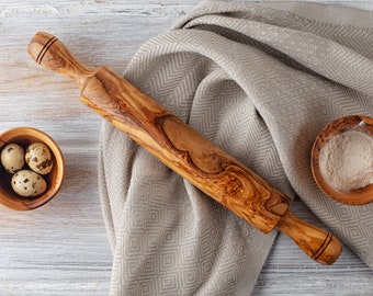 Olive Wood Rolling Pin, Wooden Rolling Pin with Handle, Small Wood Non Stick Bread Roller Pin for Baking, Dough, Pizza, Pastry & Cookies