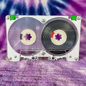 Puede incluir: Un MiniDisc TDK plateado con una carcasa de plástico transparente. El disco tiene dos compartimentos circulares, uno con cinta negra y otro con una bobina blanca. Las pestañas de plástico verde están en las esquinas superiores. El fondo es un patrón tie-dye.