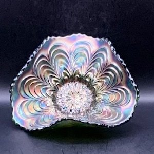 Vintage Fenton Peacock Tail Green Carnival Tri Corner Decor Dish