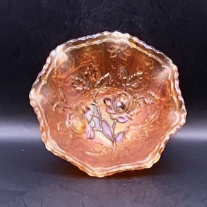 Imperial marigold open rose carnival glass Ruffle Bowl