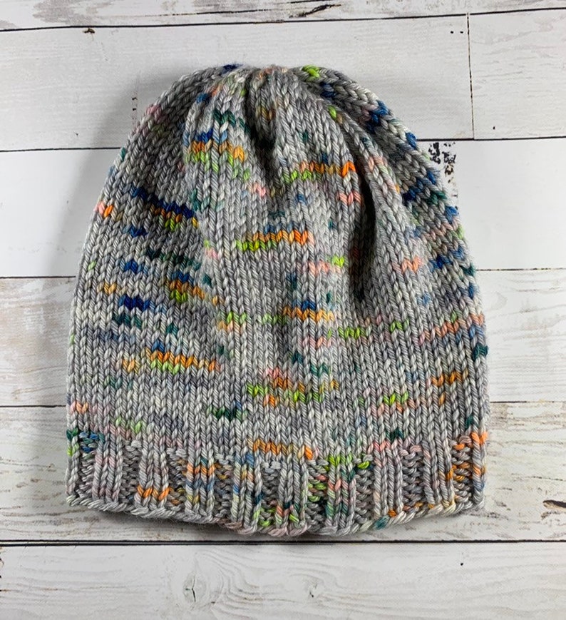 Hand Knit Toddler Hat Gray with Neon Speckles 100/% Merino Wool Medium-weight.