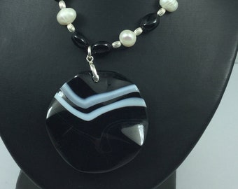 Silver Genuine Gemstone Pearl ( Stone Of Sincerity ) Onyx Beaded Necklace