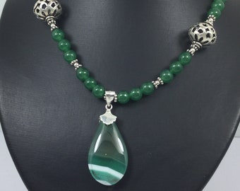 Silver Genuine Gemstone Agate / Adventurine Beaded Necklace