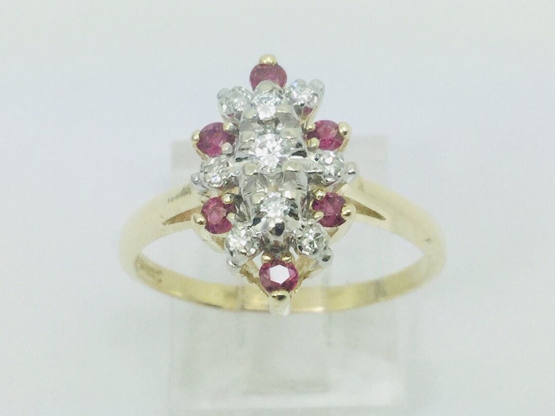 14k Yellow Gold Ruby Diamond Cluster Ring, July Birthstone - Etsy