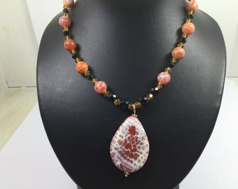 Silver Genuine Gemstone Fire Agate Beaded Necklace