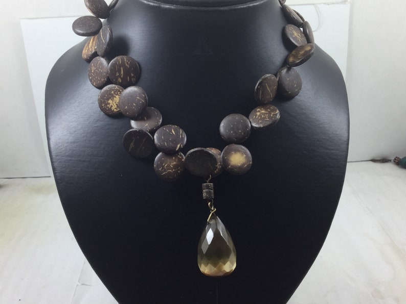 Unique Wooden Disc Necklace With Genuine Gemstone Tiger Eye Necklace Gold Plated