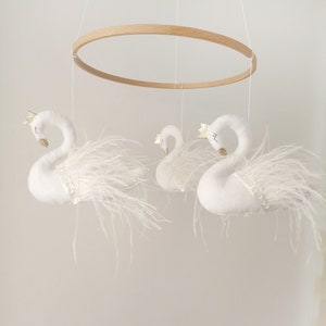 Swan Baby Mobile, Princess Swan Nursery Decor, White Swan Mobile, Feathers Swans Crib Mobile, Baby Girl Mobile, Crown Swan Mobile Gift