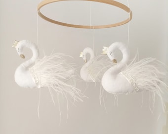 Swan Baby Mobile, Princess Swan Nursery Decor, White Swan Mobile, Feathers Swans Crib Mobile, Baby Girl Mobile, Crown Swan Mobile Gift