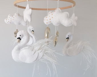 Swan Crib Mobile For Girl Nursery, Princess Swan Nursery Decor,White Feathers Swan Mobile Felt,Birds Crib Mobile Decor,Baby Shower Gift
