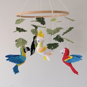 Parrot Birds Baby Mobile Crib,Felt toucan red blue Macaw white parrot cockatoo Cot Mobile, Tropical Neutral Nursery Mobile,Baby Shower Gift
