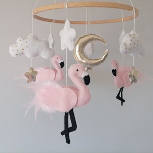 Flamingo Baby Mobile For Girl Nursery,felt Cloud Star Moon White Gold Crib Mobile, Baby Shower Gift,Tropical Birds theme,Newborn,New Parents