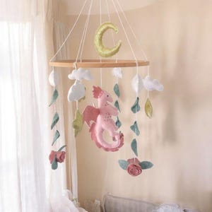 Pink Dragon Baby Mobile For Girl Nursery,Personalized Name Dragon Crib Mobile,Gold Moon Stars Crib Mobile, baby shower Gift,Fantasy Mobile