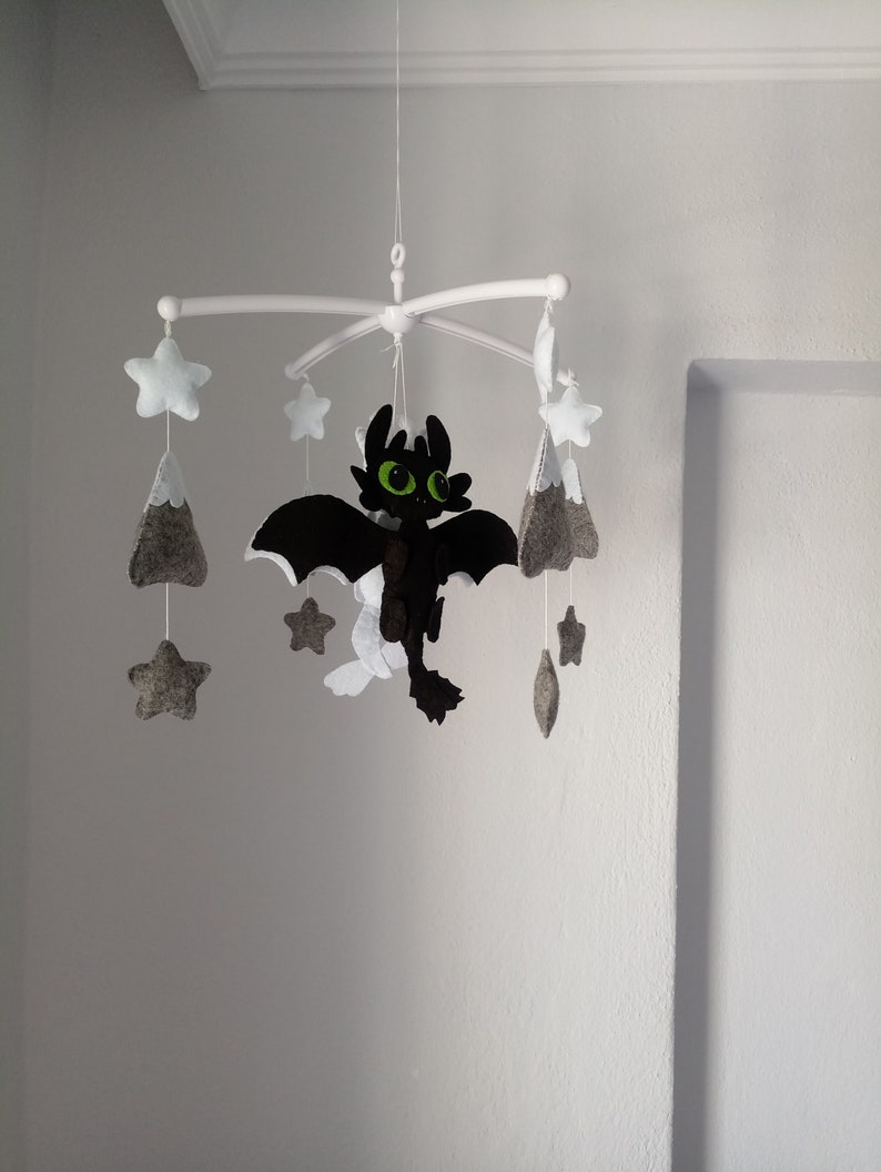 Night Fury mobile Nursery Decor gray mountains  gray stars,Baby Shower Gift Light Fury Baby Mobile How To Train Your Dragon Baby Mobile