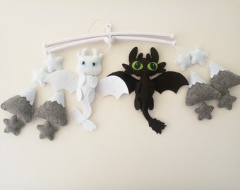 How To Train Your Dragon Baby Mobile, Night Fury mobile, Light Fury Baby Mobile, Nursery Decor gray mountains  gray stars,Baby Shower Gift