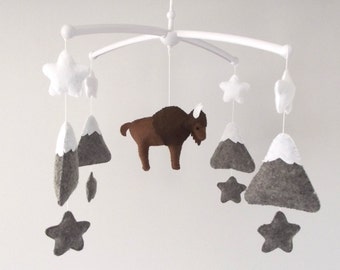 Bison Baby Mobile, Buffalo Mobile, American Bison Mobile, Felt Crib Mobile, Bison Nursery Decor, Mountains Mobile, Baby Shower Gift
