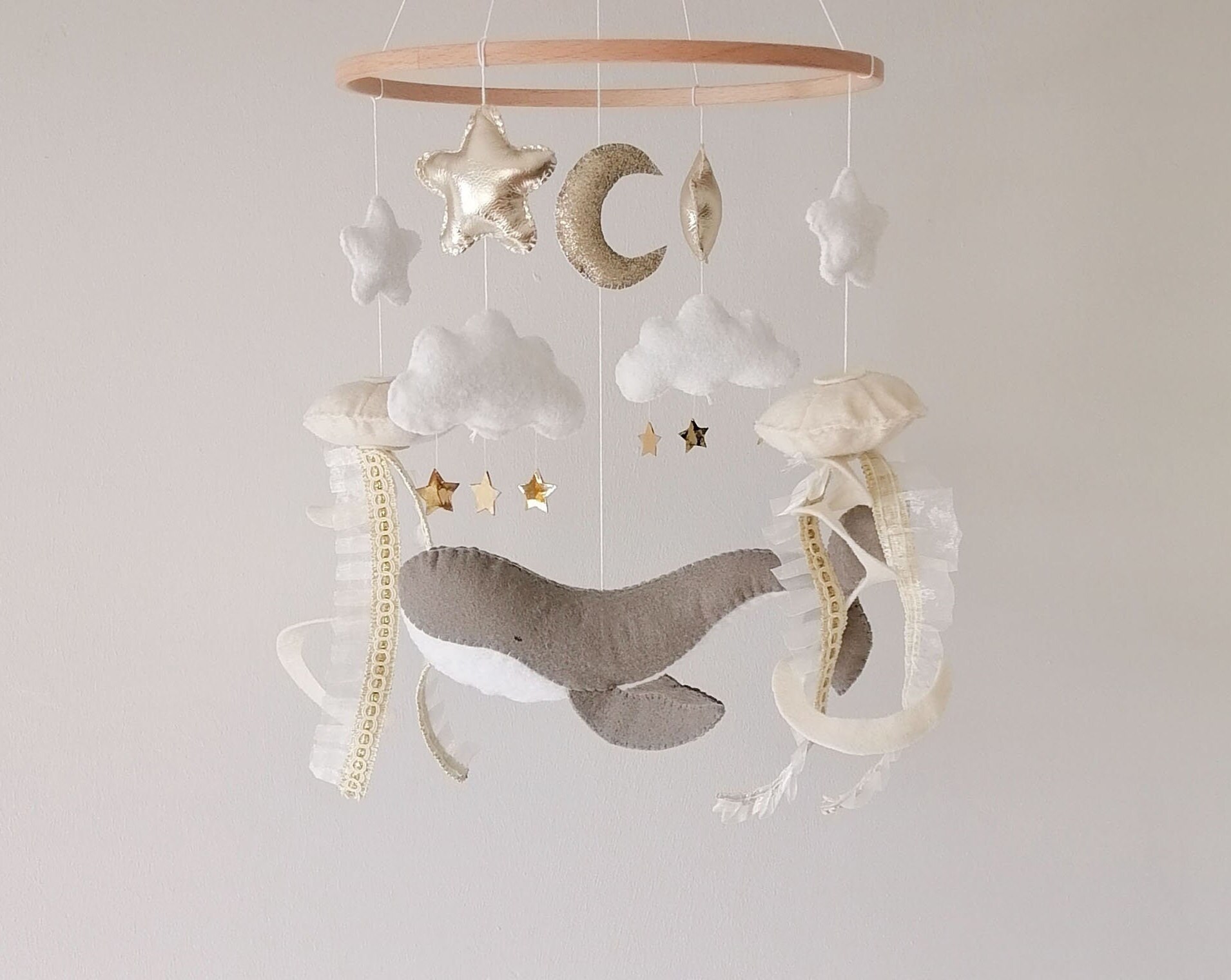 Gray Whale Crib Mobile Nursery, Felt Ocean Mobile,Gold Stars Moon Mobile,Baby Shower Gift,Sea Creature Cot Mobile,jellyfish,Handmade Gift