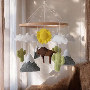 Bison Cactus Crib Mobile Neutral Nursery,Felt buffalo mobile,Wisent Mobile,clouds sun mountains mobile,woodland mobile, gift for newborn