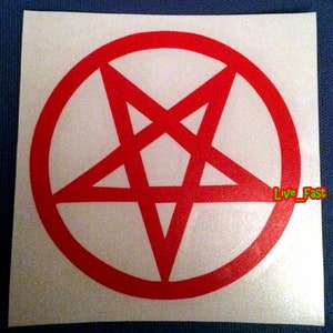 May include: A red pentagram with a thick red circle around it. The pentagram is a five-pointed star with the points facing outwards.