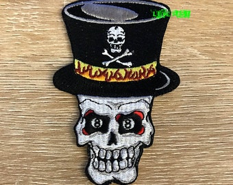 Skull 8 Ball Top Hat Patch: Vintage Embroidered Iron-On Biker Patch