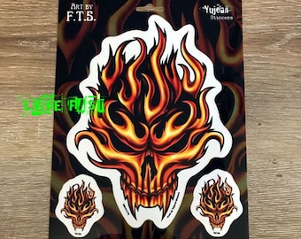 FLAMING SKULL Sticker Set motorcycle biker hot rod muscle car decals