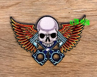 Skull Wings Pistons Embroidered Patch: Biker Motorcycle Vest Jacket