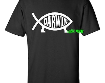 CHARLES DARWIN FISH T Shirt darwinism athiest theory of evolution science humor funny