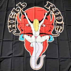 May include: A black flag with a red devil face with a long tongue and a white figure inside the devil's mouth. The text "Rebel Rousers" is on either side of the devil's head.