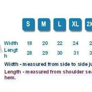 May include: A white t-shirt with size chart showing width and length measurements in inches for sizes S through 5XL.
