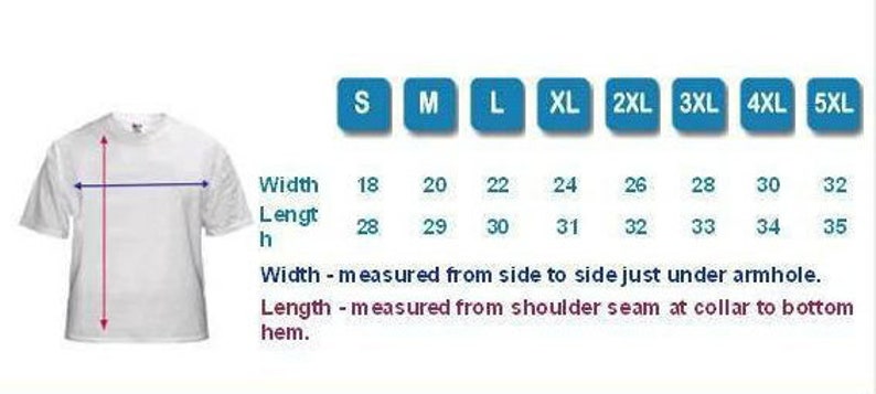 May include: A white t-shirt with size chart showing width and length measurements in inches for sizes S through 5XL.