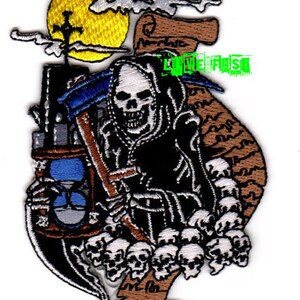 GRIM REAPER PATCH biker rocker vest death dealer hour glass with scroll
