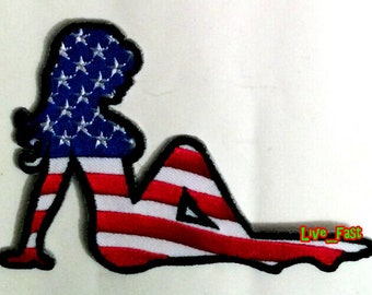 Trucker Girl Mud Flap Girl Patch Embroidered American Flag Retro Vintage Americana