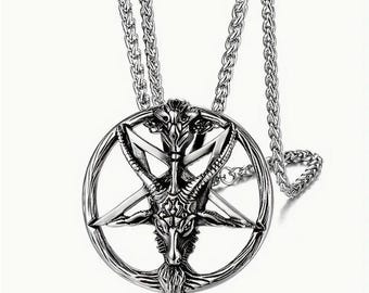 May include: A silver chain necklace with a pendant featuring a pentagram with a goat's head in the center.