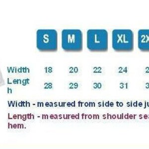 May include: Size chart for a t-shirt with measurements in inches for width and length. The chart shows sizes from S to 5XL.