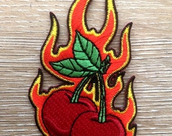 FLAMING CHERRIES PATCH rockabilly kitsch retro tattoo art embroidered iron on