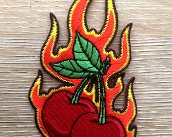 FLAMING CHERRIES PATCH rockabilly kitsch retro tattoo art embroidered iron on