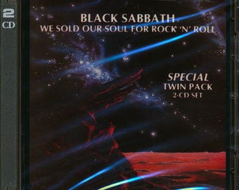 May include: A black and white image of a CD case with a starry night sky background. The case is for a Black Sabbath album titled "We Sold Our Soul for Rock 'N' Roll." The album is a special twin pack 2-CD set.