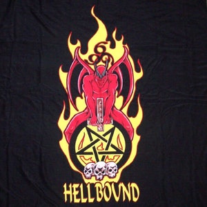 May include: A red devil with wings sits on a pentagram with flames behind it. The pentagram is surrounded by a yellow circle. The text "HELLBOUND" is below the pentagram.