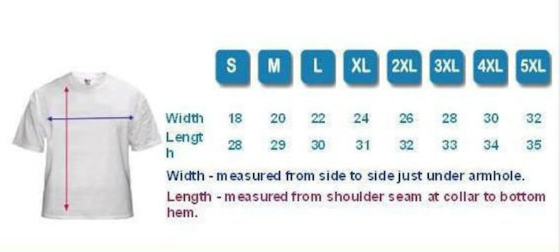May include: A white t-shirt with size chart showing width and length measurements in inches for sizes S through 5XL.