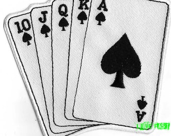May include: A set of five playing cards, all spades, showing the 10, Jack, Queen, King, and Ace. The cards are white with black suits and numbers.