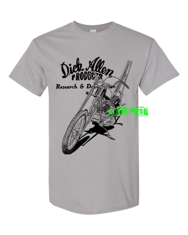 May include: A grey t-shirt featuring a black and white illustration of a motorcycle and the text "Dick Allen Products Research & Development".