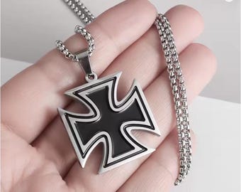 Iron Cross Pendant Necklace: Biker Maltese Cross Pendant